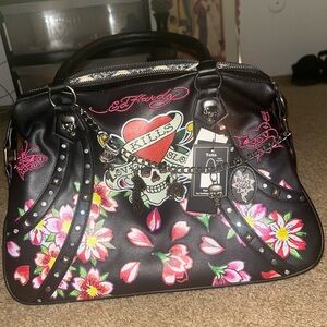 Ed Hardy Black and Pink Skull Floral Tote